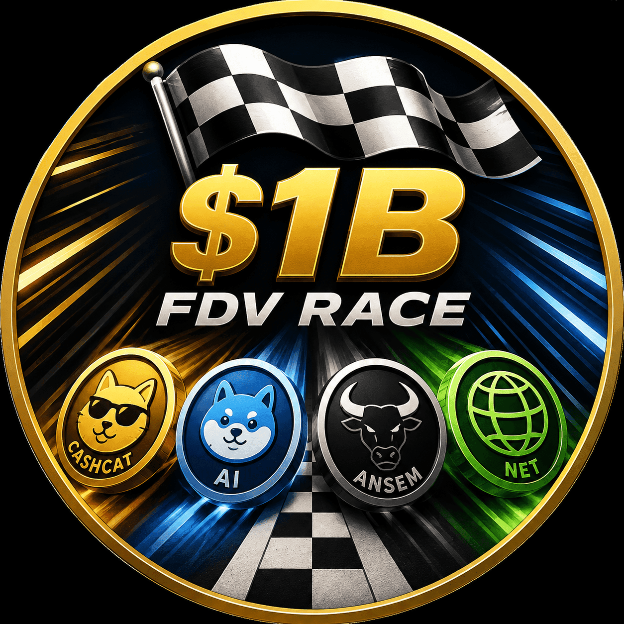 Polymarket event artwork: First to hit $1B FDV: ANSEM, CASHCAT, AI, or NET?